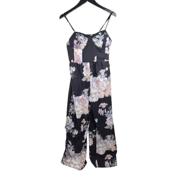 Band of Gypsies Black Floral Corset Wide Leg Flowy Jumpsuit Overall Padded - Picture 2 of 10